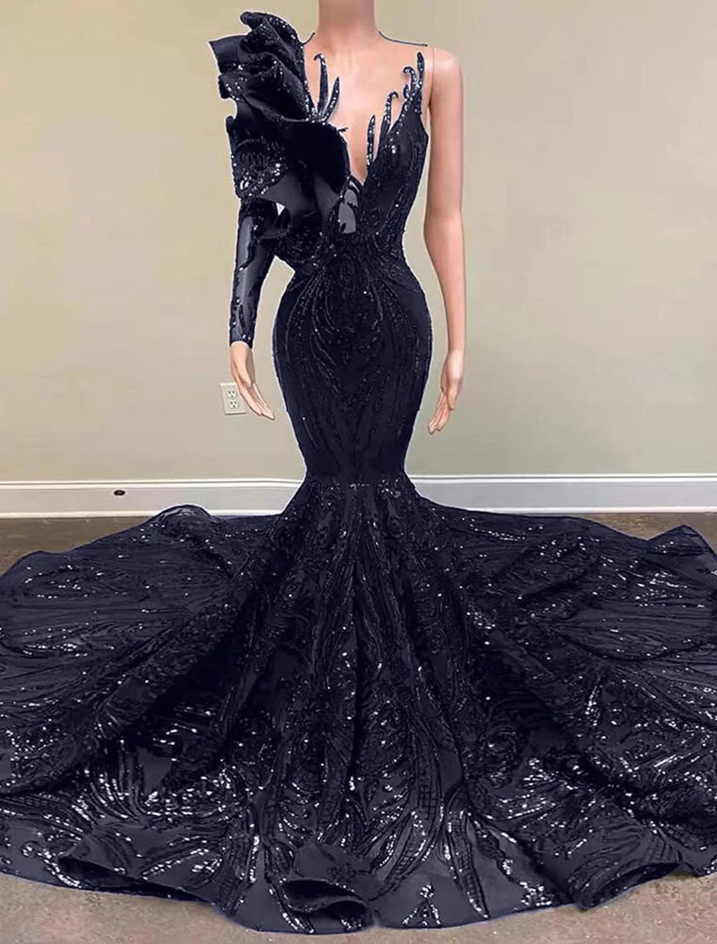 Vestido de fiesta de sirena, vestido de noche, vestido brillante y resplandeciente, vestido de compromiso, formal, de noche, cola de corte, manga larga, un hombro, con lentejuelas