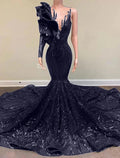 Vestido de fiesta de sirena, vestido de noche, vestido brillante y resplandeciente, vestido de compromiso, formal, de noche, cola de corte, manga larga, un hombro, con lentejuelas