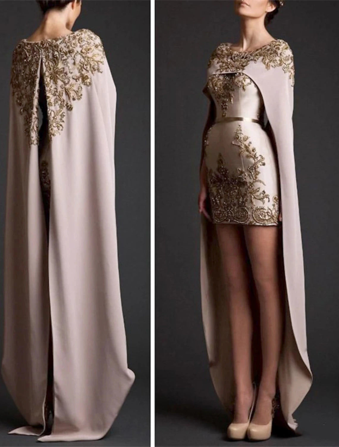 Vestidos de cóctel de dos piezas, elegantes, para invitados de boda, para fiestas, cortos/mini, sin mangas, con cuello joya, capas de tela con apliques y chal.