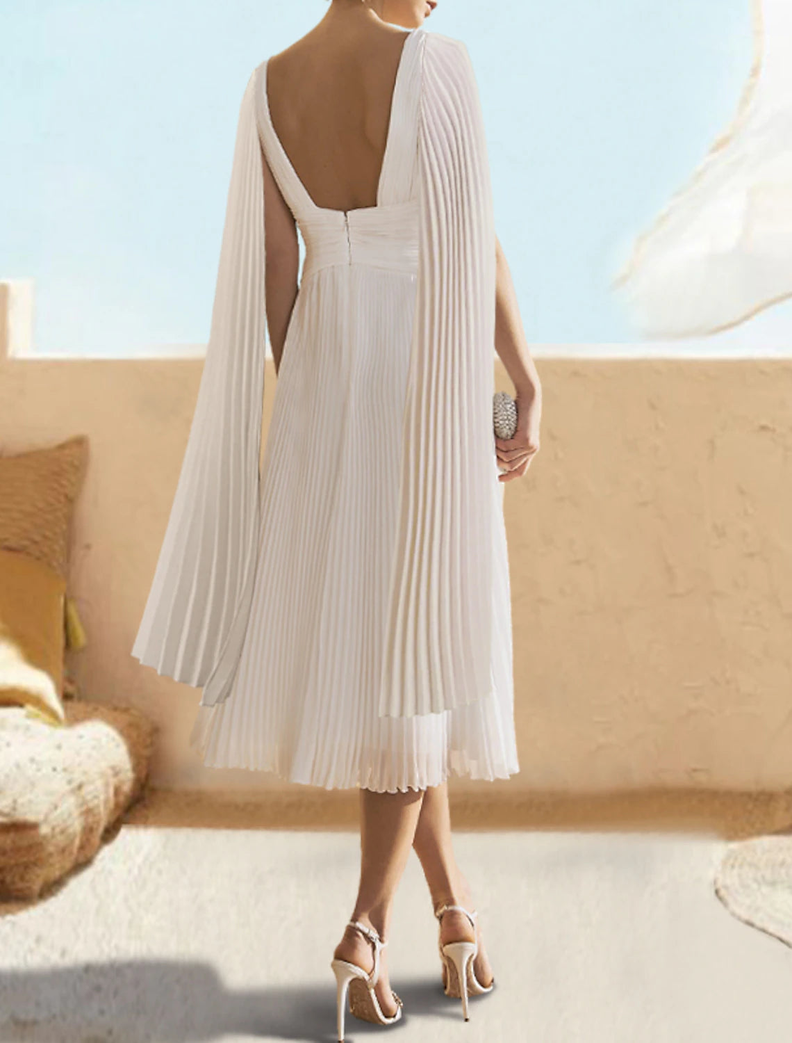 White Chiffon V-Neck A-Line Tea-Length Evening Dress with Pleated Bodice & Cape Sleeves