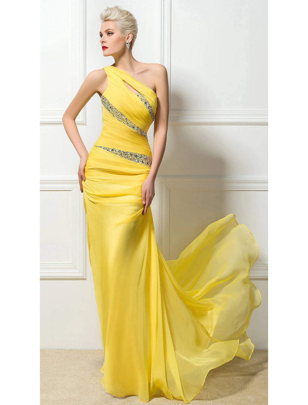Yellow Chiffon One Shoulder Sheath/column Floor-Length Evening Dress