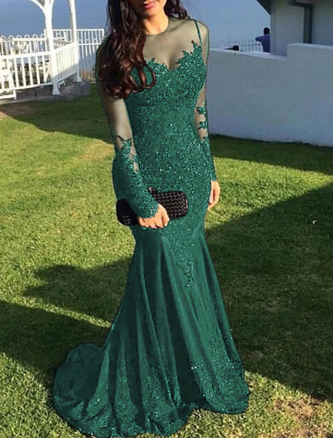 Abito da sera nero a sirena, abito da ballo con paillettes, abito formale scintillante, strascico a ruota, manica lunga, scollo a V, pizzo con applicazioni 2025