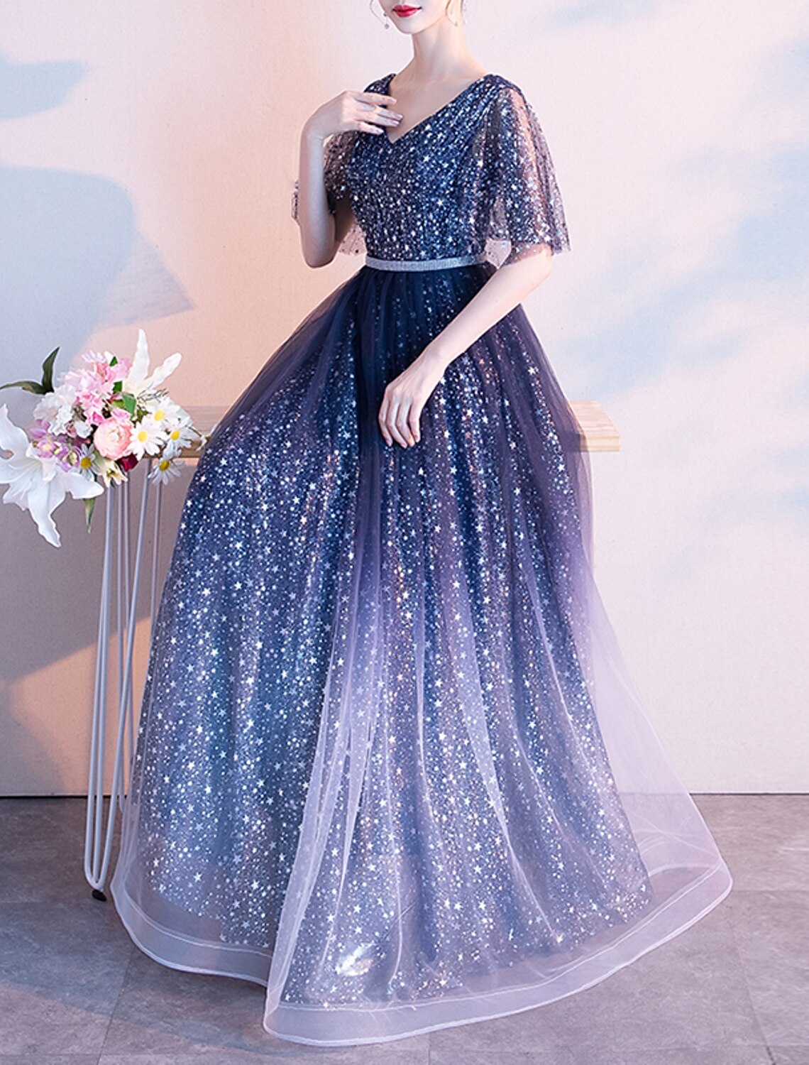 A-Line Evening Gown Glittering Dress Wedding Guest Prom Floor Length Half Sleeve V Neck Tulle with Sash / Ribbon Pleats Sequin 2025