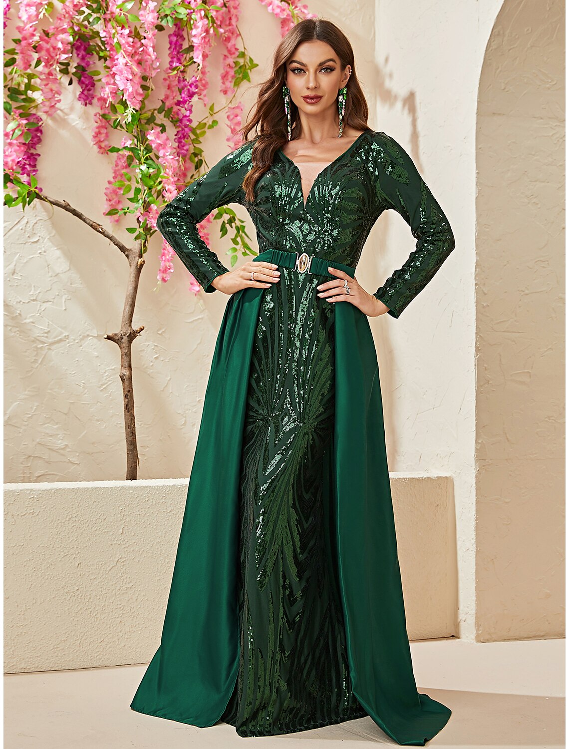 Vestido de noche sirena/trompeta con brillo y brillo, vestido formal de boda con cola larga, escote en V, poliéster desmontable y sobrefalda de lentejuelas.