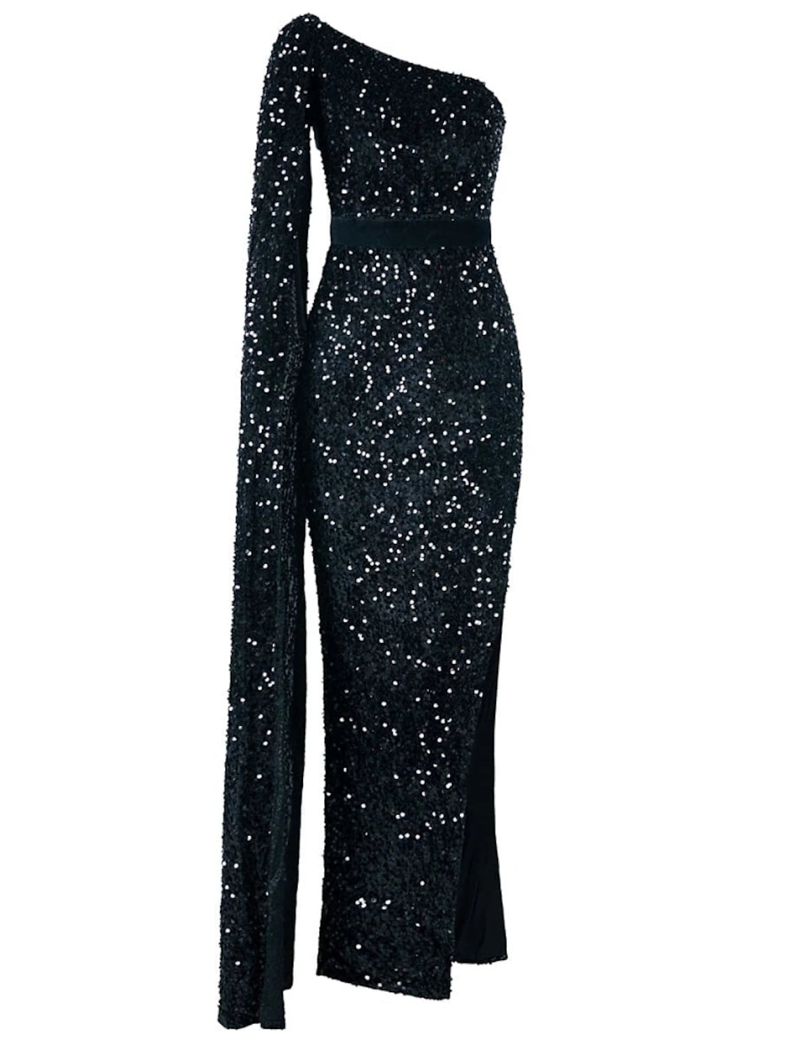 Black Sequin Mermaid Gown with One-Shoulder Cape