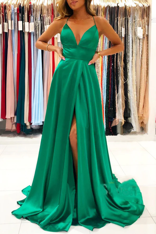 Vestido de noche de satén verde azulado con escote en V profundo y abertura en la espalda