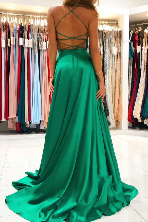 Vestido de noche de satén verde azulado con escote en V profundo y abertura en la espalda