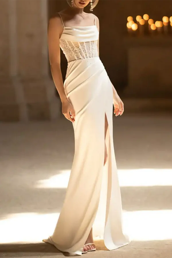 Ivory Satin Sheath/column Floor-Length Dress with Cowl Neck, Corset Bodice, and High Slit
