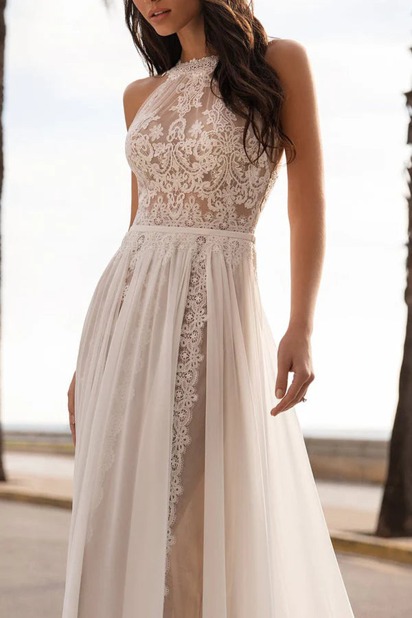 A-shaped gemstone neckline lace bohemian wedding beach bride dress