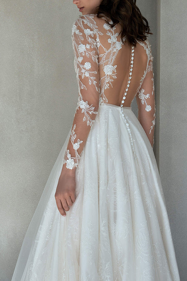 Vestido de novia sencillo de princesa con encaje romántico y escote ilusión en forma de A