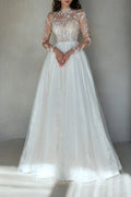 Ivory Lace A-Line Floor-Length Bridesmaid Dress with High Neck and Long Sleeves