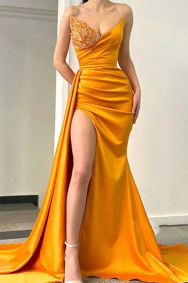 Vestido de noche largo con escote en V, satén plisado, abertura alta y cuentas, sexy