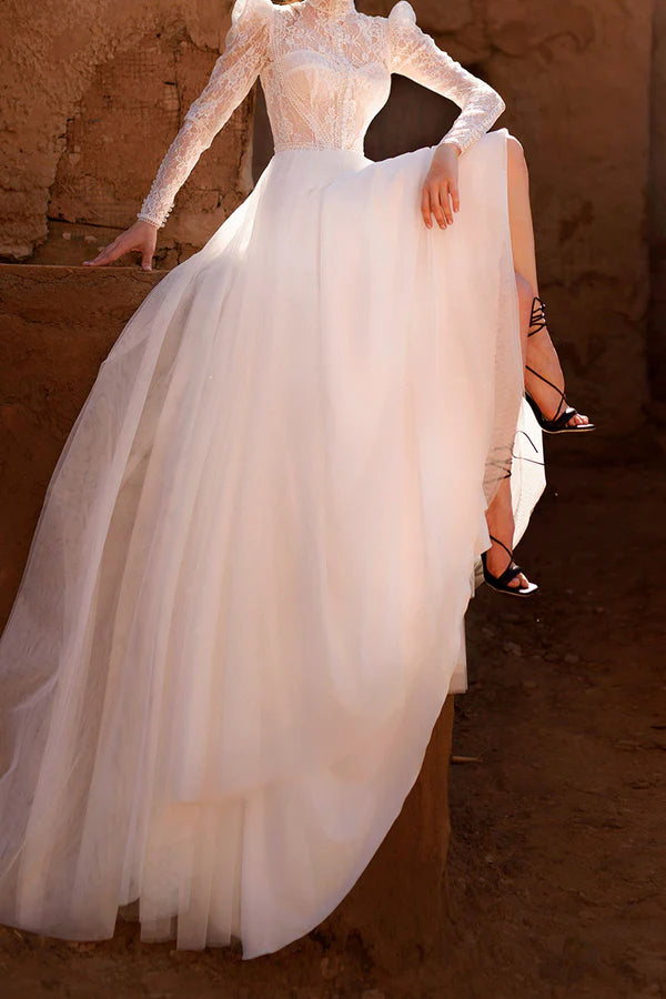 Vestido de novia retro musulmán de corte A con cuello alto, encaje y manga larga