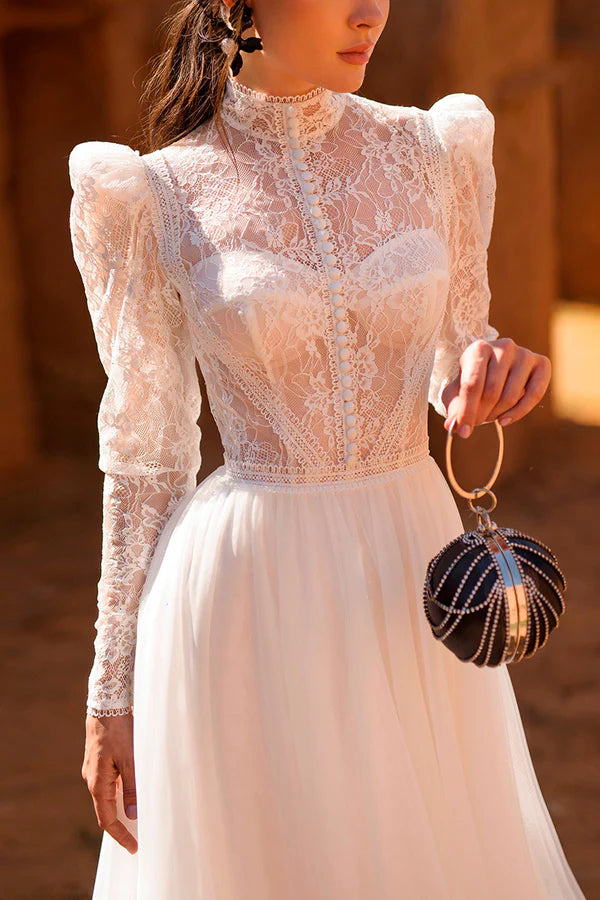 Vestido de novia retro musulmán de corte A con cuello alto, encaje y manga larga