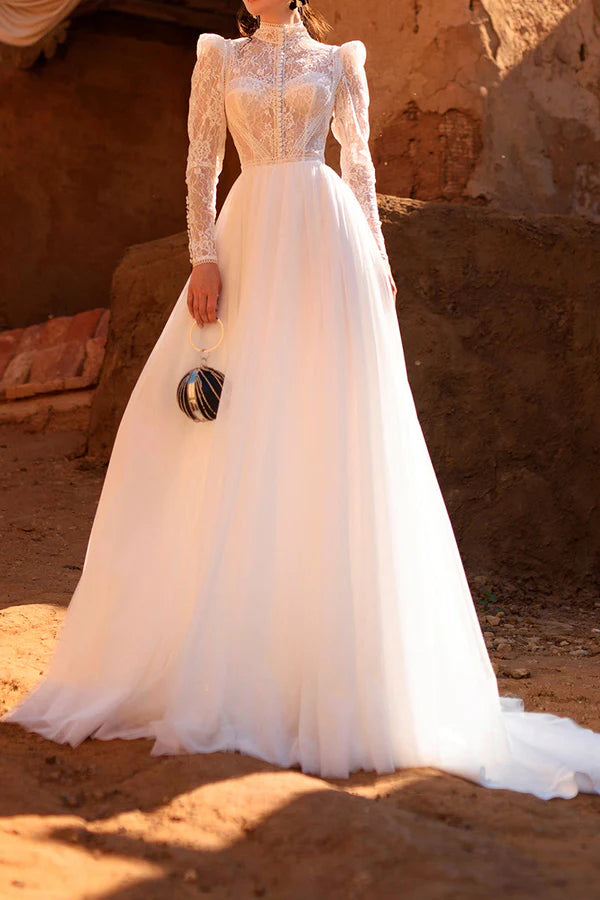 Vestido de novia retro musulmán de corte A con cuello alto, encaje y manga larga