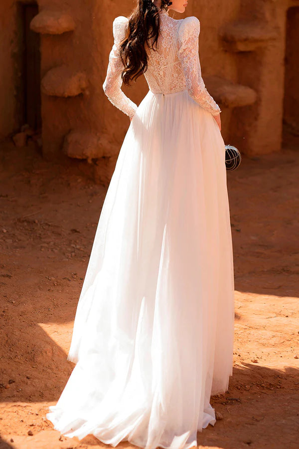 Vestido de novia retro musulmán de corte A con cuello alto, encaje y manga larga