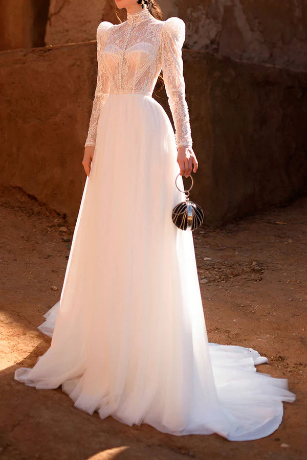 Vestido de novia retro musulmán de corte A con cuello alto, encaje y manga larga