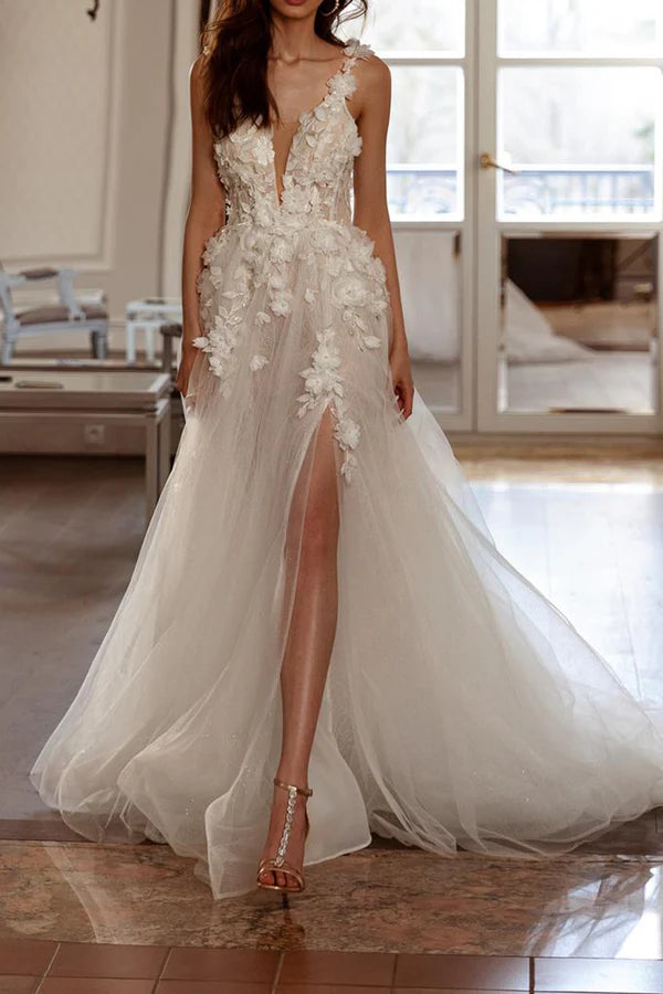 Abito da sposa in stile country con spacco, scollo a V, sexy e adesivo 3D
