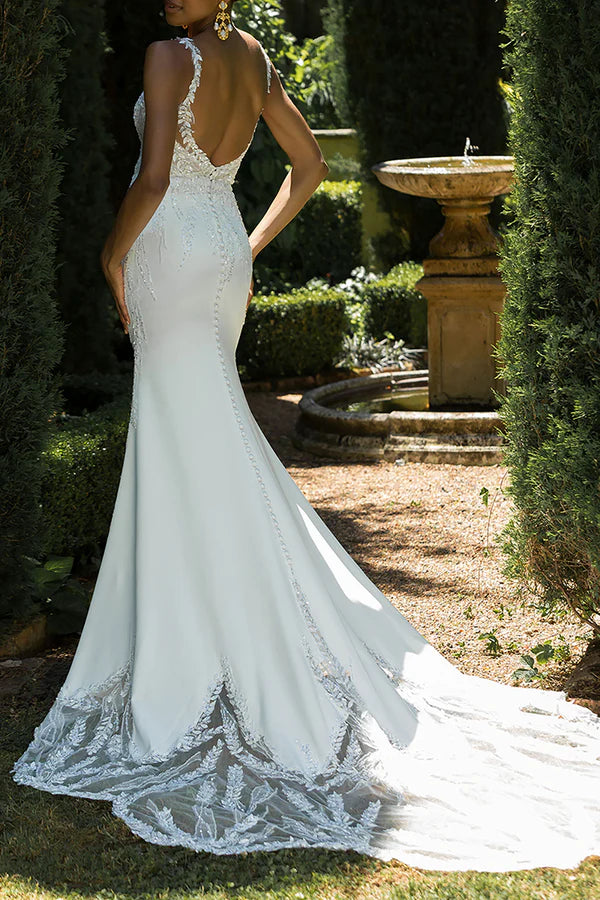 Vestido de novia sexy con escote en V, lentejuelas y cola de pez, sin espalda