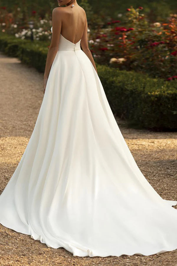 Vestido de novia de cola de pez, escote corazón, satén plisado, sencillo, con dobladillo desmontable