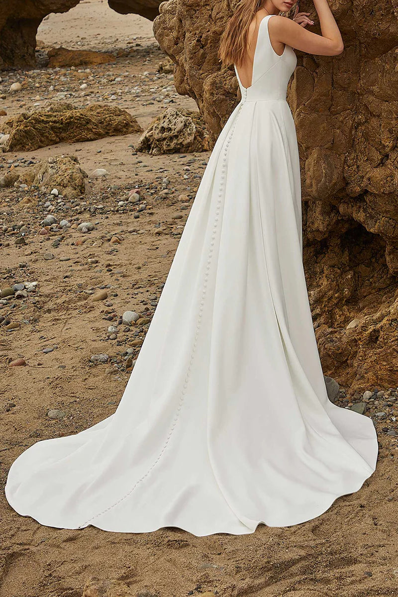 Abito da sposa in raso con scollo a V, sexy e semplice, con spacco