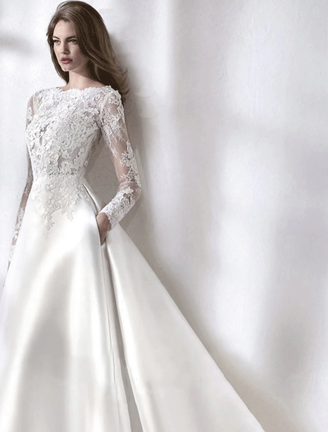 Ivory Lace A-Line Long Sleeve Boat Neck Floor-Length Dress