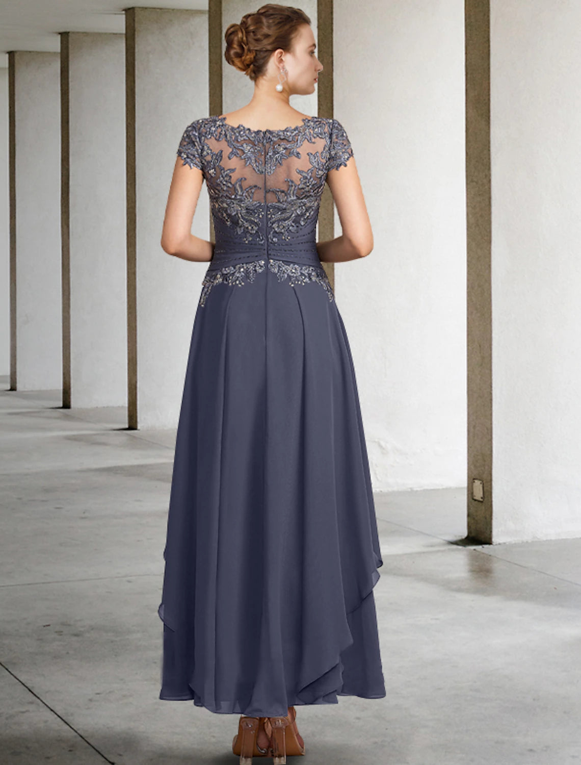 Slate Blue Chiffon A-Line Floor-Length Evening Dress