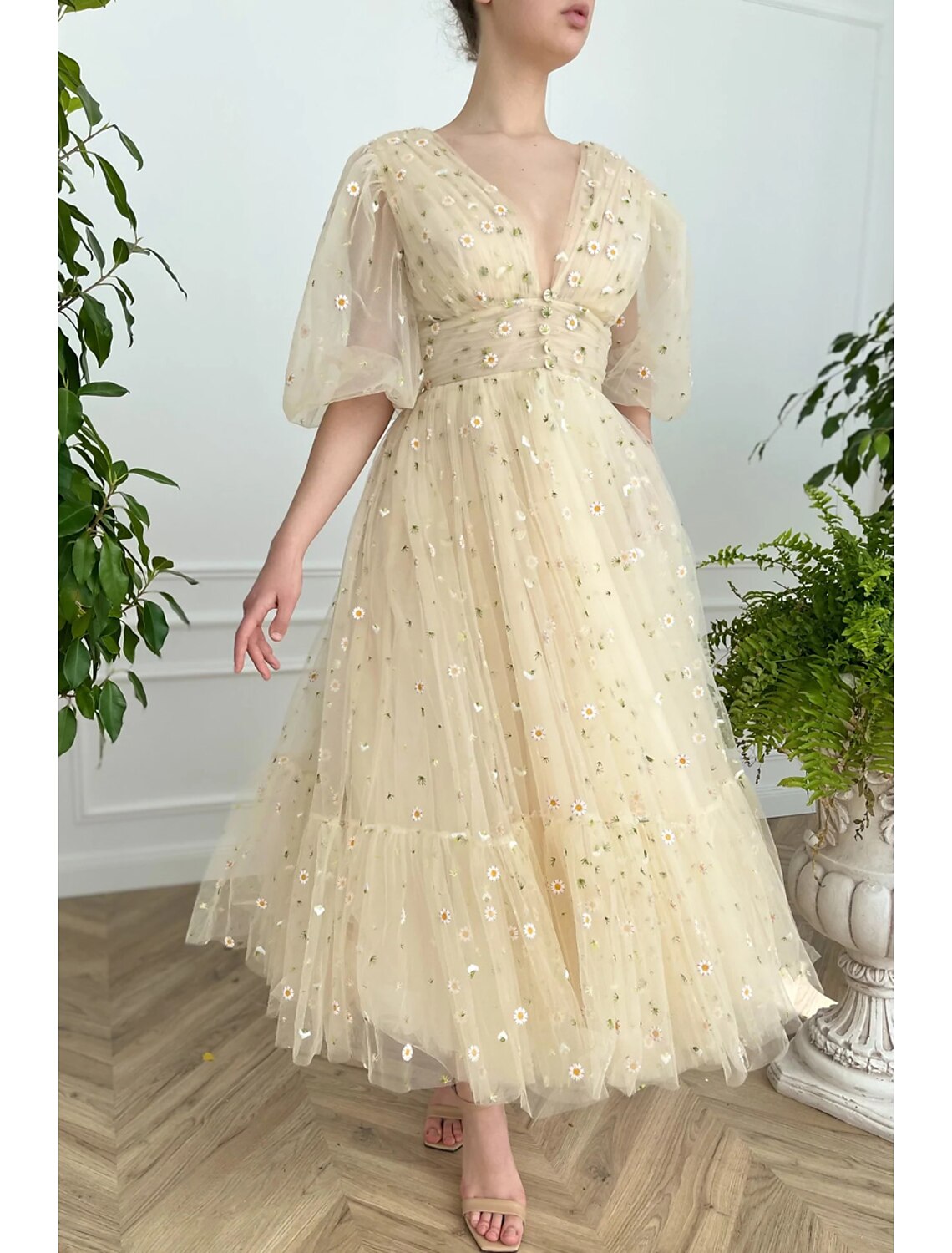 Abiti da ballo a trapezio, abito floreale, formale, da ospite di nozze, lunghezza alla caviglia, mezza manica, scollo a V, pizzo, schiena a V, pieghe e arricciato