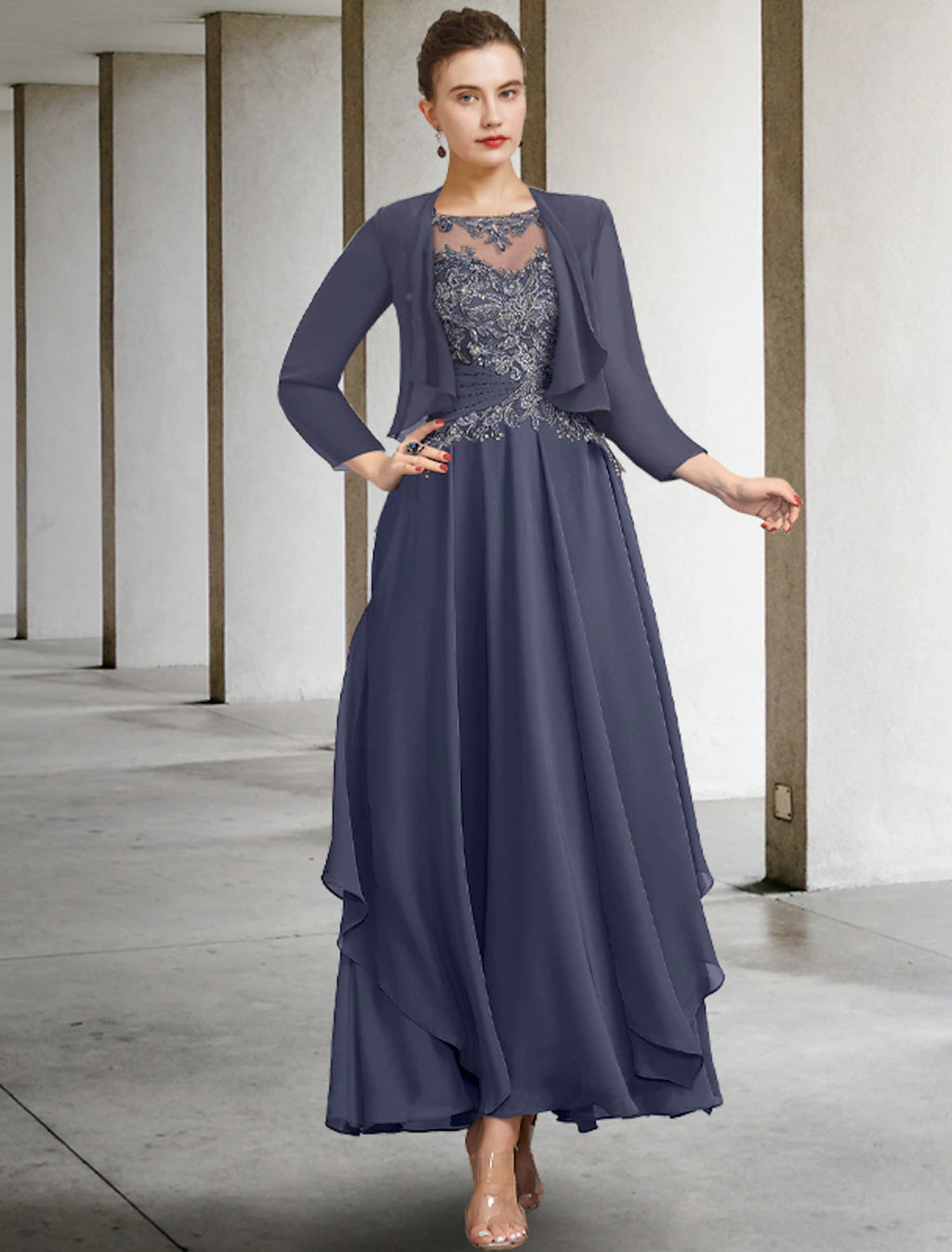 Slate Blue Chiffon A-Line Floor-Length Evening Dress