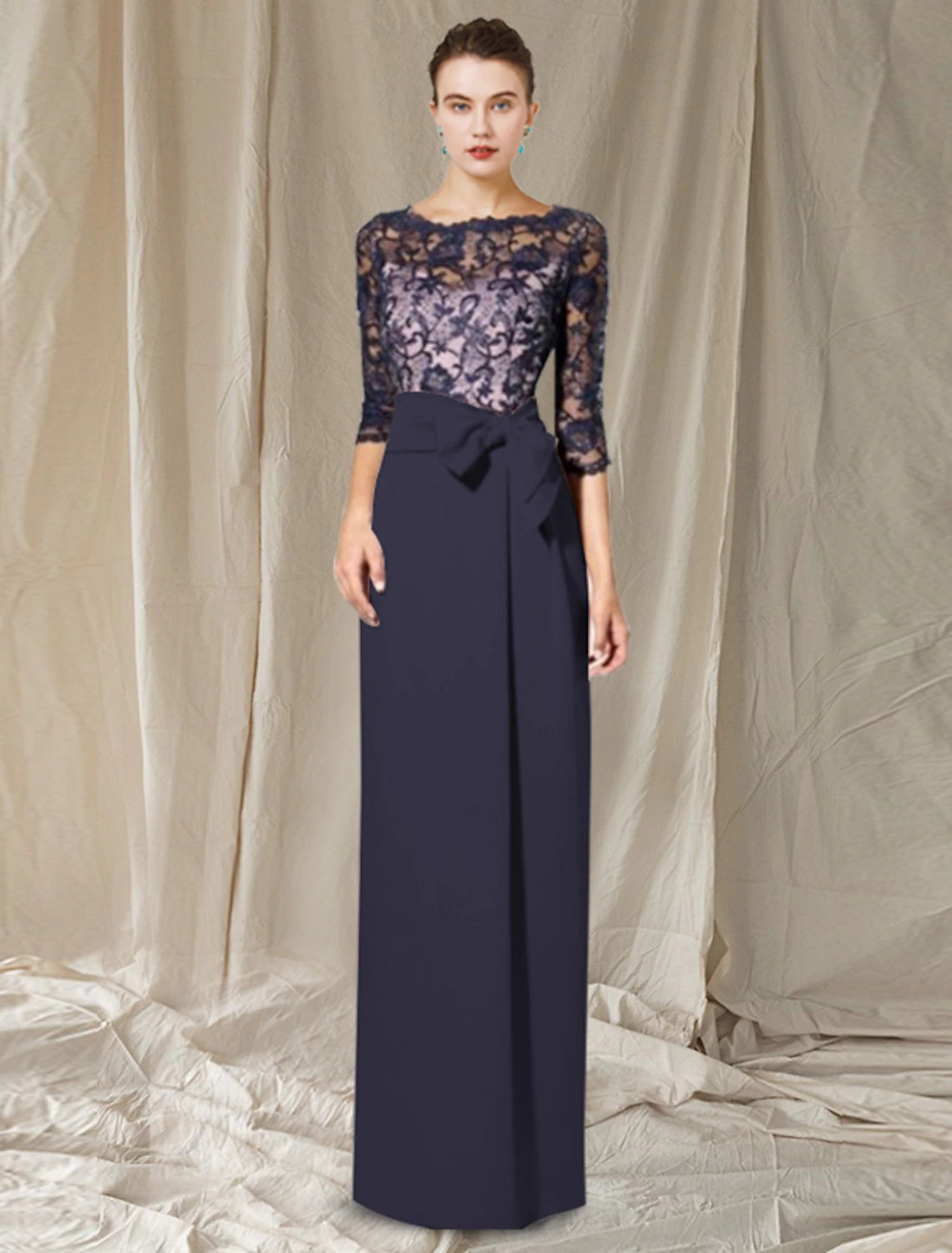 Vestido de Madre de la Novia Elegante con Escote Joya, Largo hasta el Suelo, Gasa, Encaje, Manga 3/4 con Lazo(s), Bloque de Color