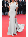 White Crepe One Shoulder Sheath/column Floor-Length Evening Dress