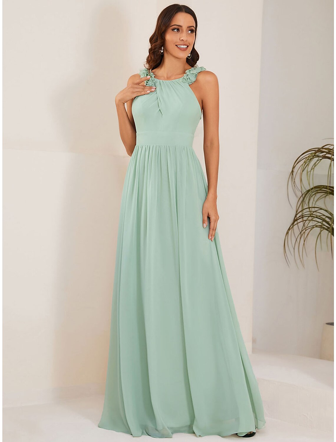 Mint Green Chiffon A-Line Floor-Length Bridesmaid Dress with Halter Neckline & Ruched Bodice