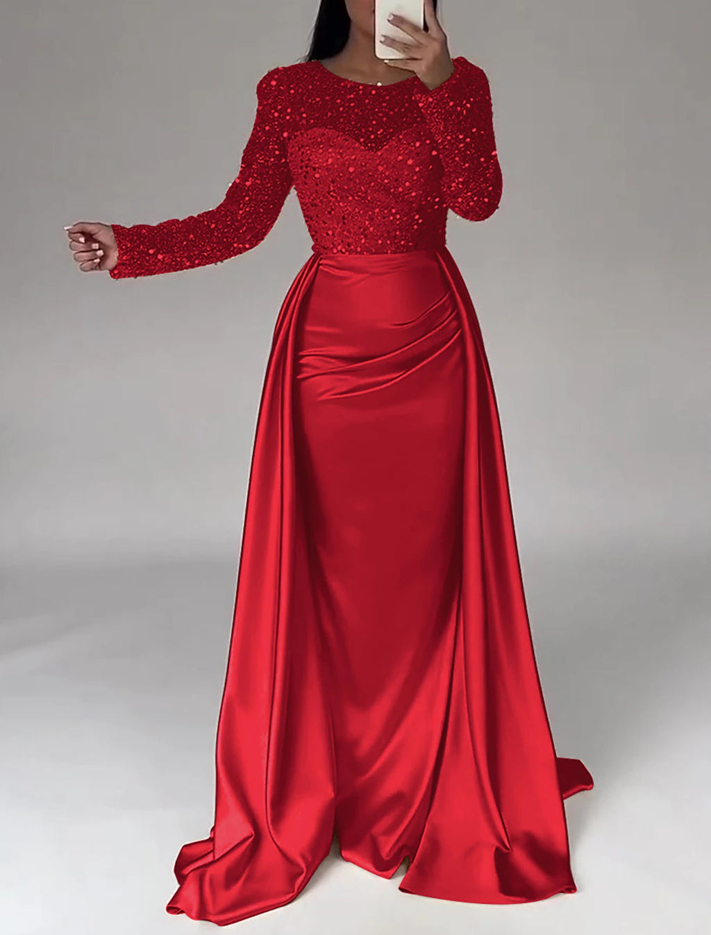 Ivory Satin Sheath/Column Gown with Illusion Sequin Sleeves