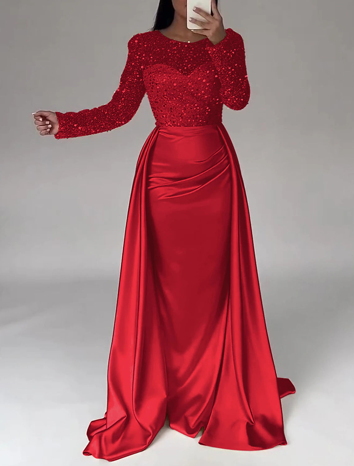 Ivory Satin Sheath/Column Gown with Illusion Sequin Sleeves