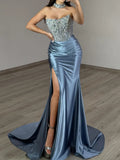 Steel Blue Satin Mermaid Sweetheart Lace-up-back Floor-Length Dress - Jimiss