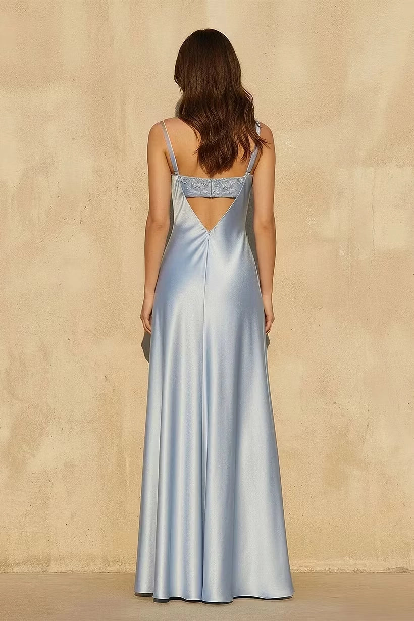 Steel Blue Satin sheath-column cowl-neck low-back floor-length Dress Back View - Jimiss