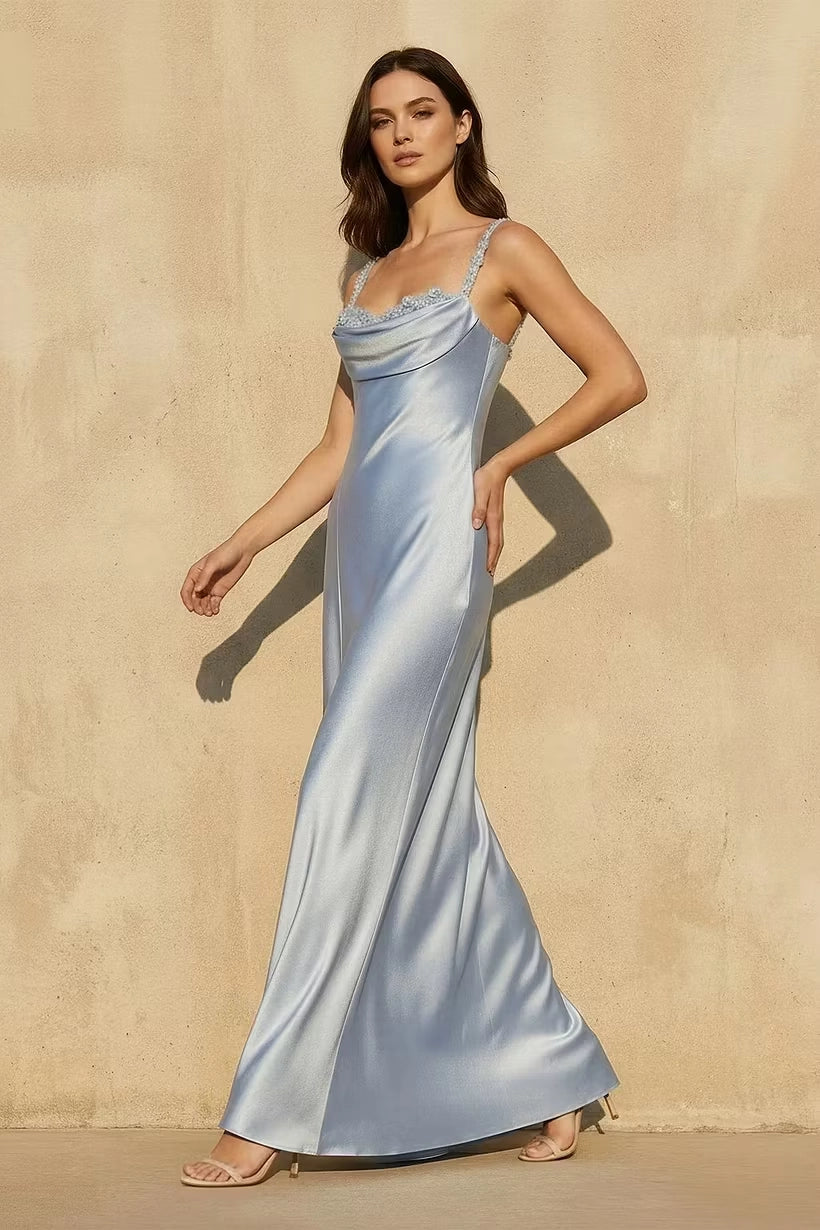Steel Blue Satin sheath-column cowl-neck low-back floor-length Dress Detail - Jimiss