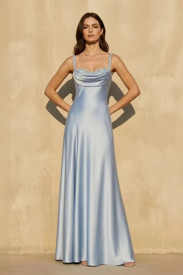 Steel Blue Satin sheath-column cowl-neck low-back floor-length Dress Front View - Jimiss