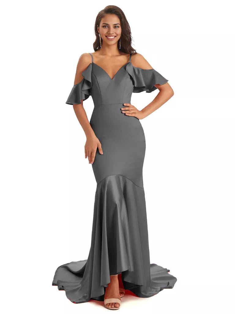 Soft Satin Asymmetric Spaghetti Straps Sleeveless Mermaid Cold Shoulder Bridesmaid Dresses