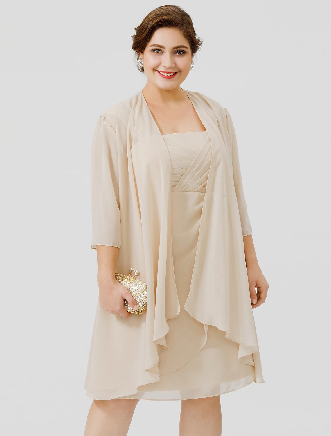 Vestido de madre de la novia de talla grande, elegante, con tirantes, largo hasta la rodilla, de gasa, con encaje transparente, sin mangas, con entrecruzamiento