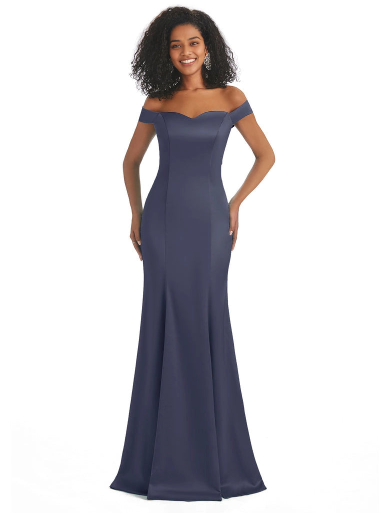 Vestidos de dama de honor largos, sencillos, de satén suave, sin mangas y con hombros descubiertos, de corte sirena