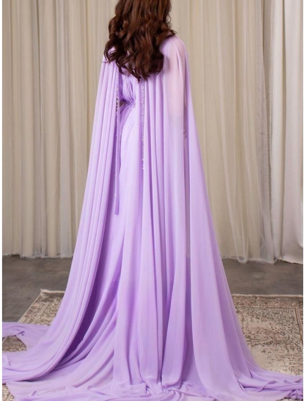 Lavender Chiffon A-Line Floor-Length V-Neck Gown with Pleated Bodice & Flowing Cape Sleeves