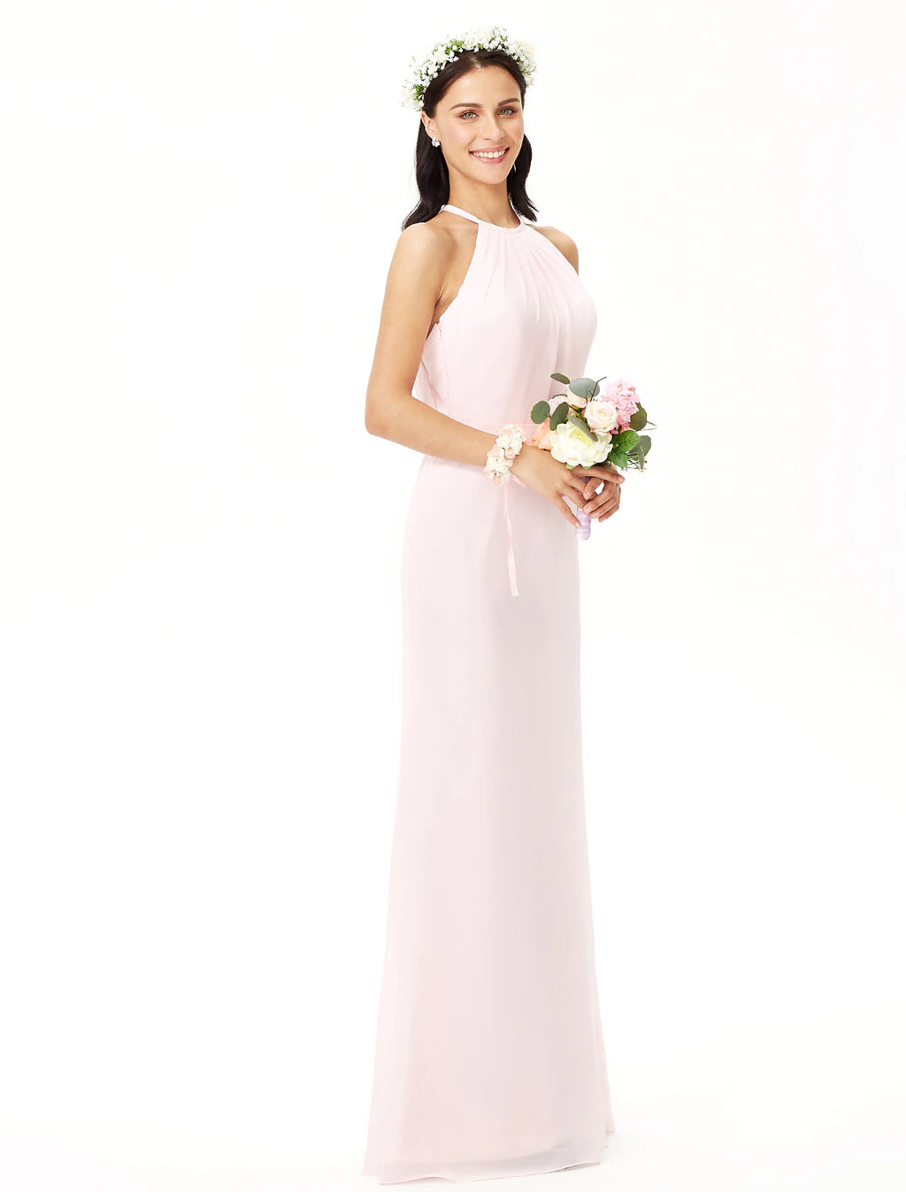 Blushing Pink Chiffon A-Line Floor-Length Dress with Halter neckline and Backless - Jimiss