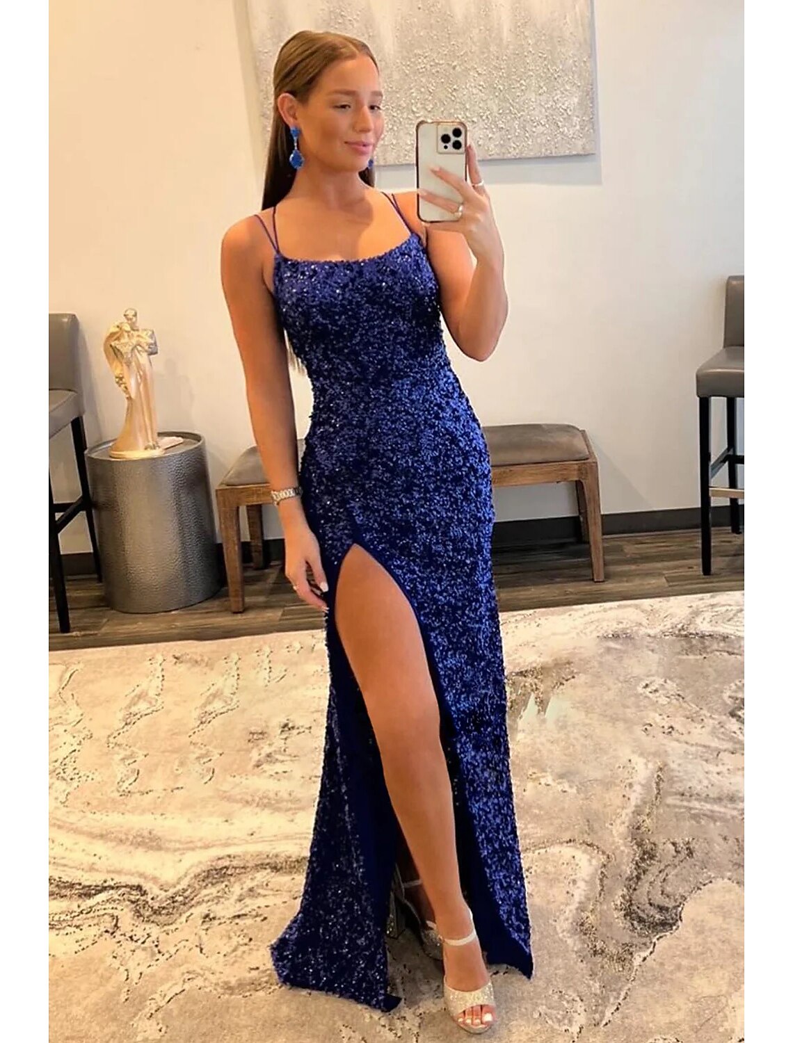 Royal Blue Sequin Sheath/column Floor-Length Dress with Straight Neck and High Slit