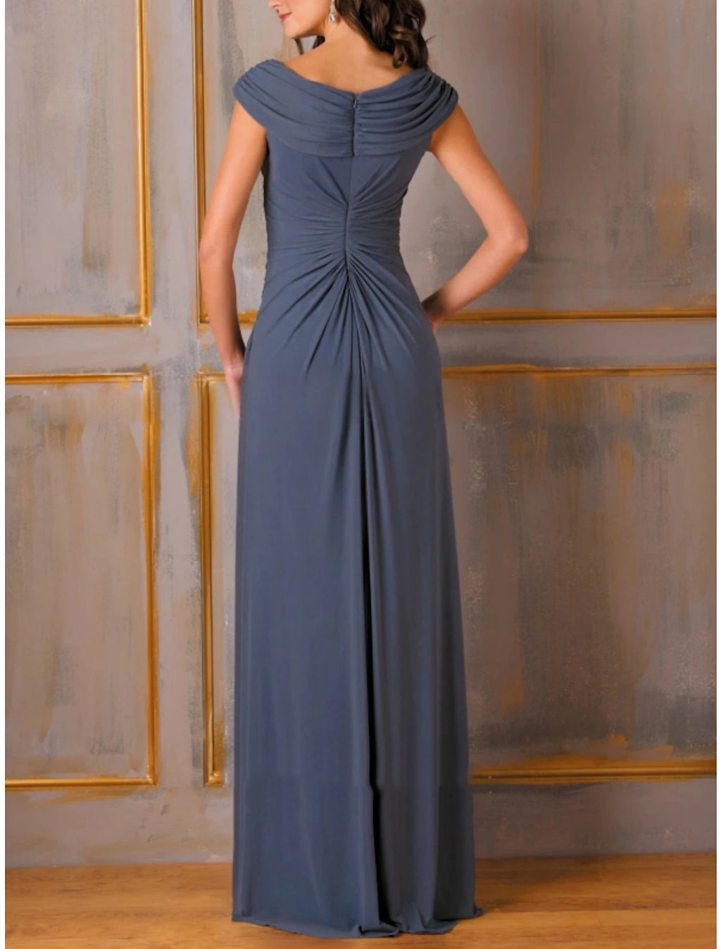 Slate Blue Chiffon Cowl Neck A-Line Floor-Length Dress