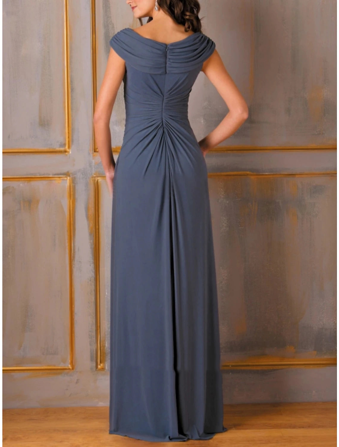 Slate Blue Chiffon Cowl Neck A-Line Floor-Length Dress