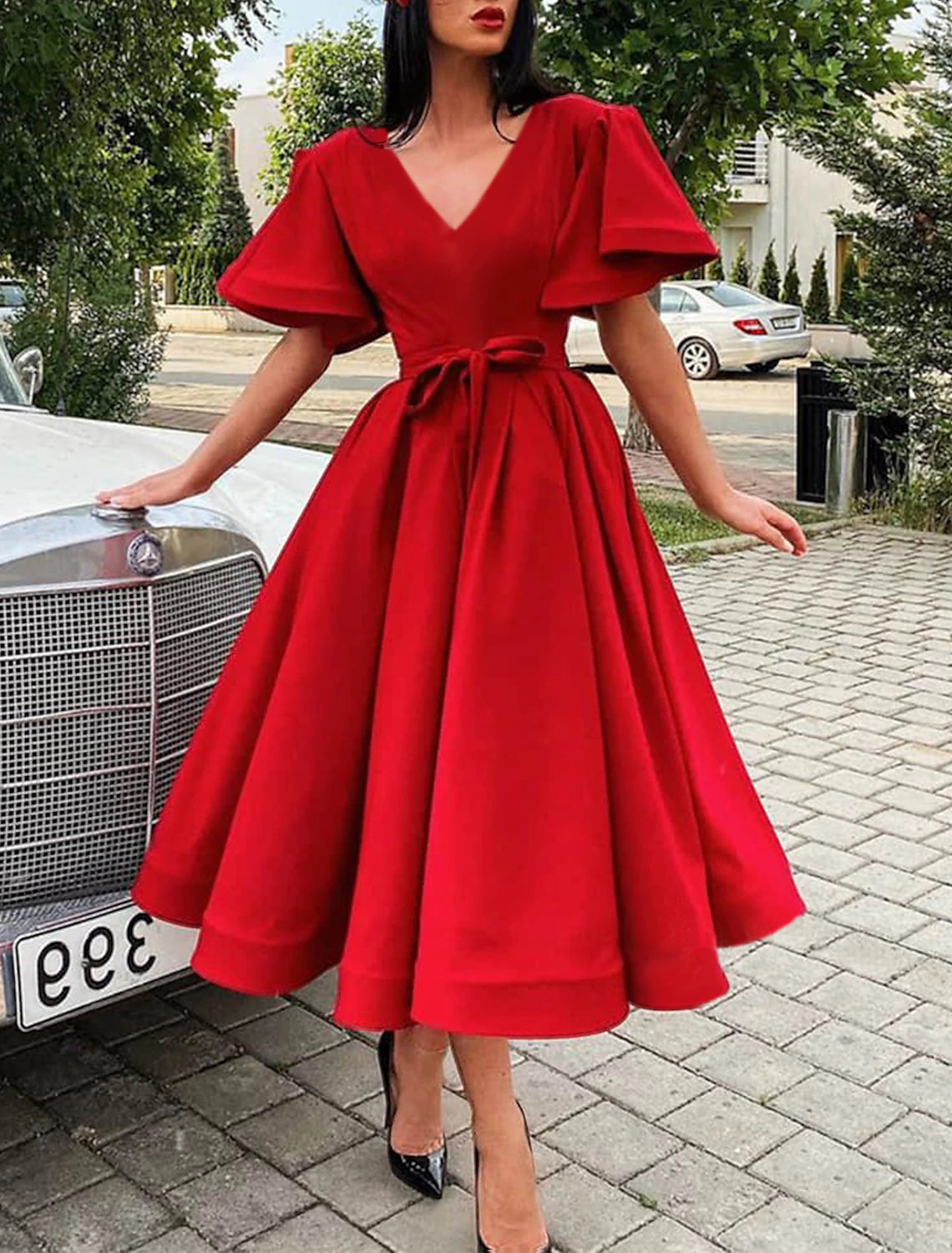 A-Line Cocktail Party Dress Christmas Red Green Dress Elegant Dress Wedding Guest Fall Tea Length Short Sleeve V Neck Satin with Pleats Strappy