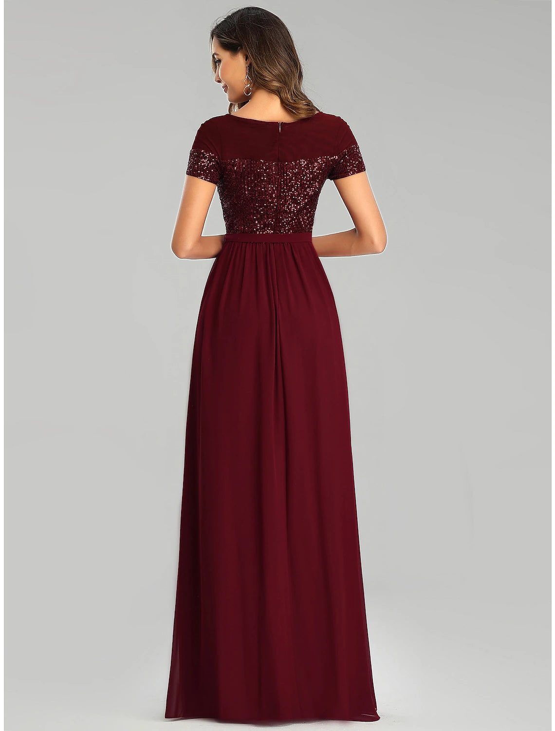 Burgundy Sequin A-Line Floor-Length Scoop Neck Bridesmaid Dress