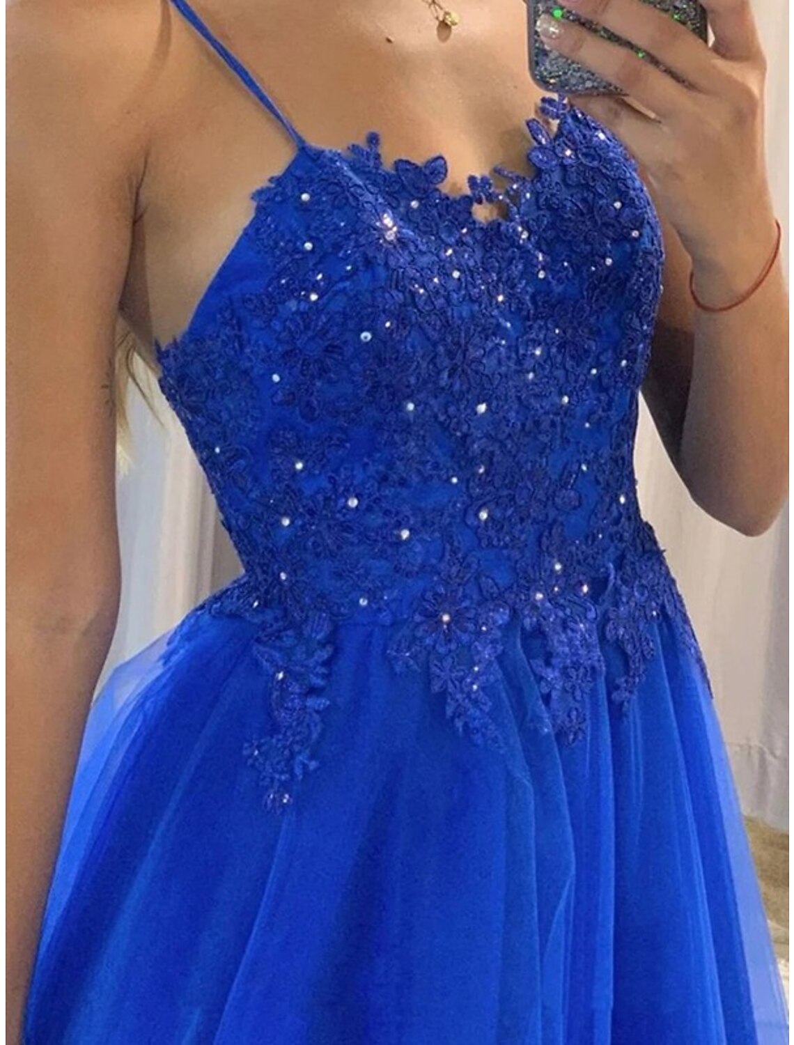 Royal Blue Tulle A-Line Floor-Length Evening Dress with Sweetheart Neckline and Embellished Lace Bodice