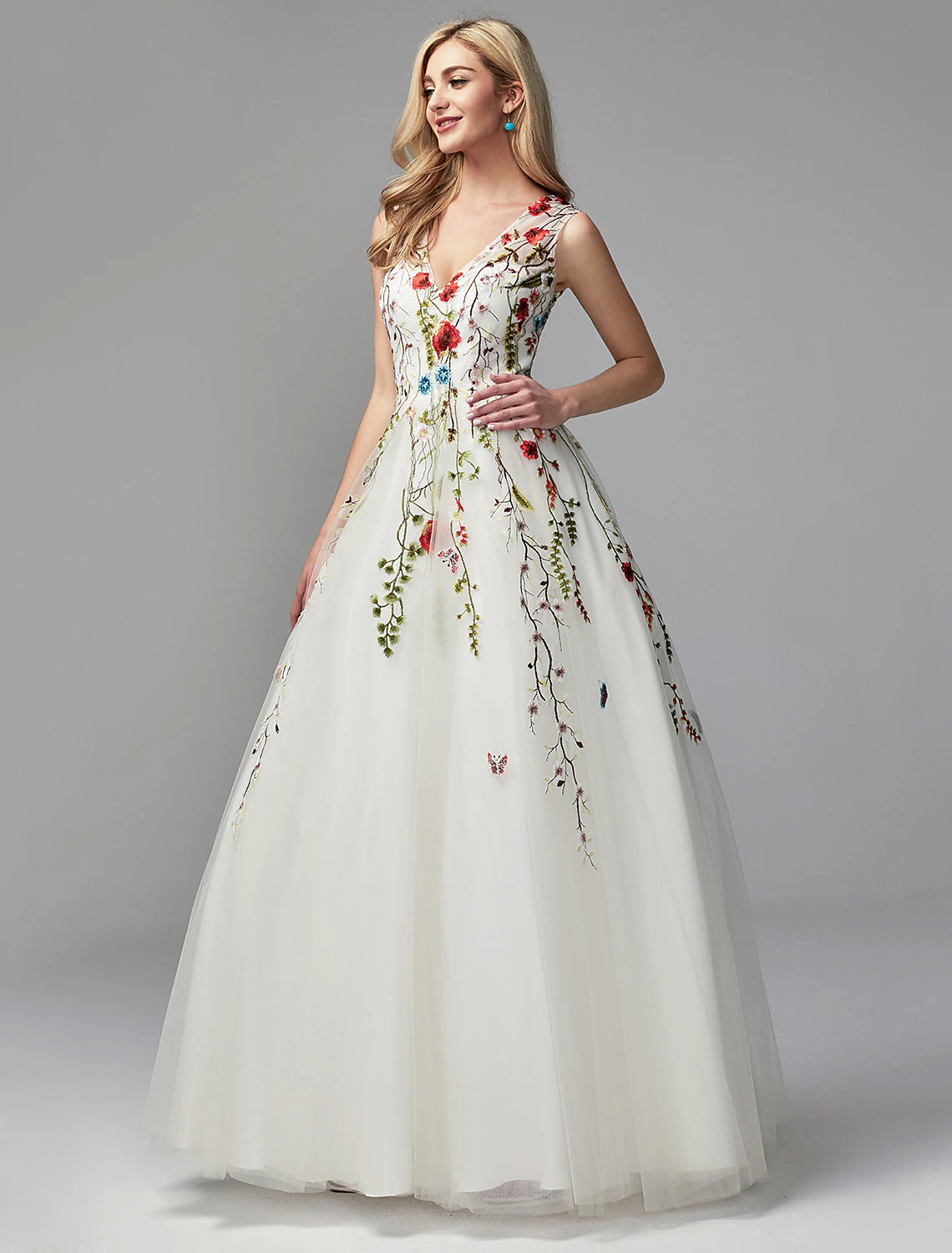 Vestidos para ocasiones especiales de corte A, vestido floral, para invitados de boda, regreso a casa, largo hasta el suelo, sin mangas, cuello en V, encaje con apliques bordados